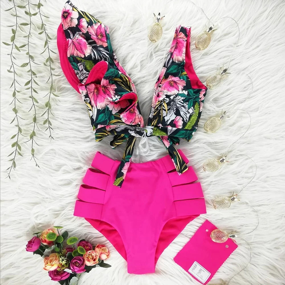 Floral Ruffled Hem Bikini Set Women V-Neck High-Waisted Two Piece Swimsuit 2022 Girl Beach Bathing Suit Swimwear Biquinis