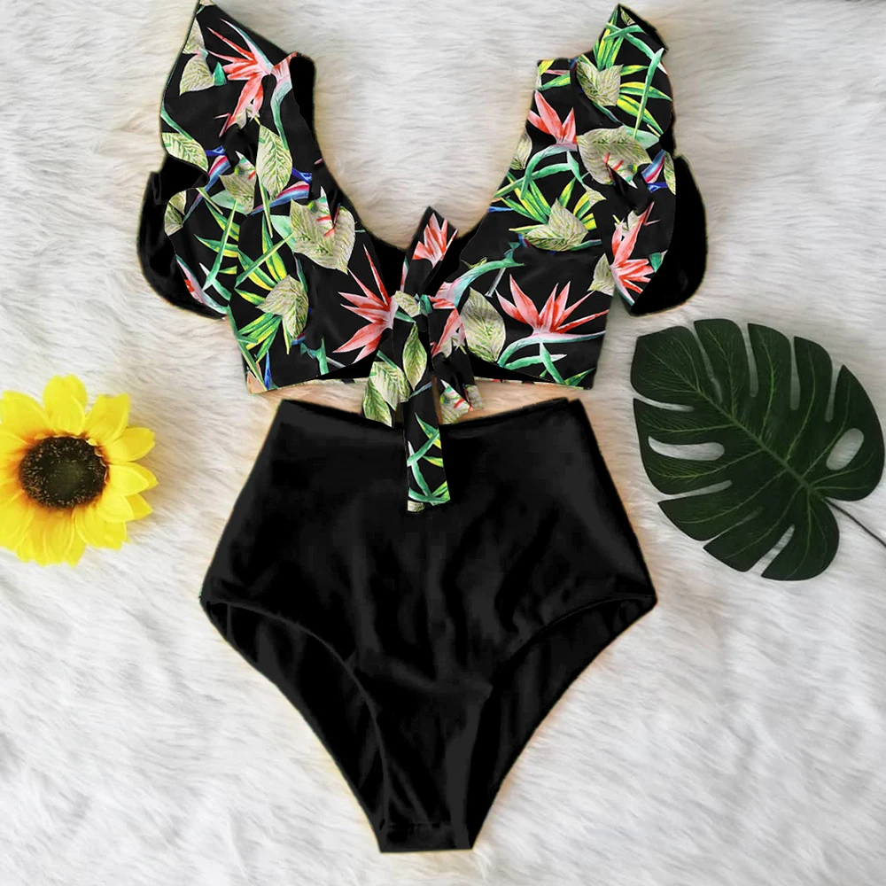 Floral Ruffled Hem Bikini Set Women V-Neck High-Waisted Two Piece Swimsuit 2022 Girl Beach Bathing Suit Swimwear Biquinis