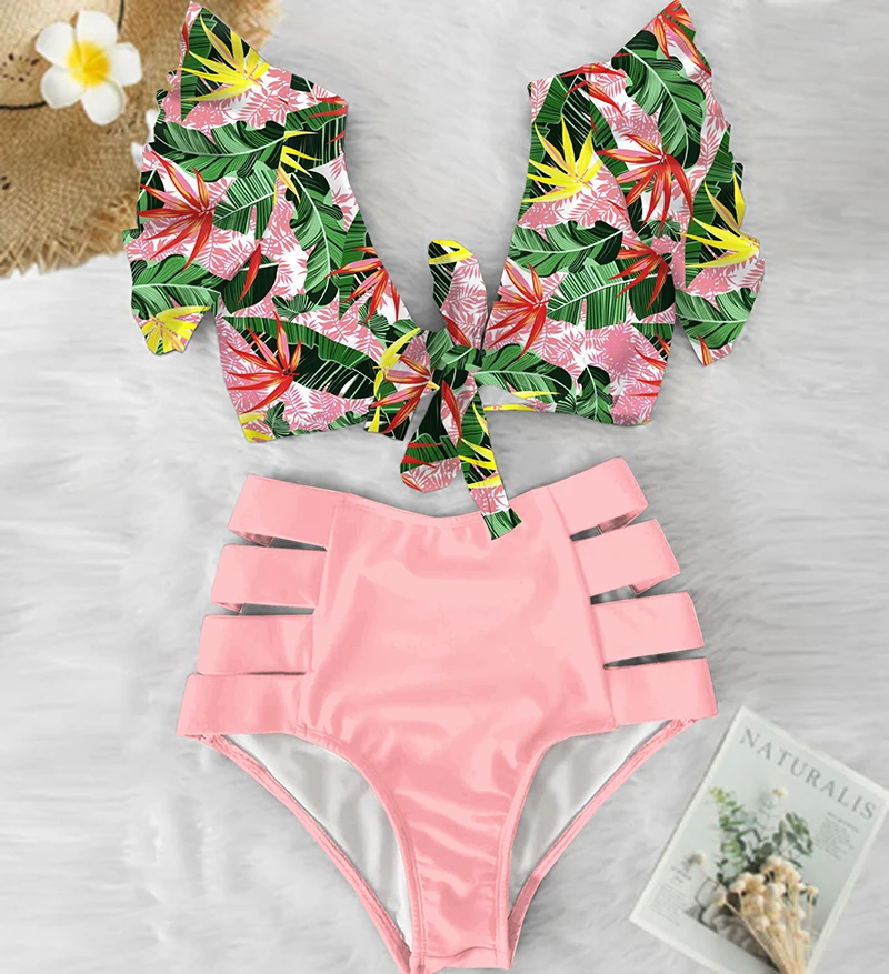 Floral Ruffled Hem Bikini Set Women V-Neck High-Waisted Two Piece Swimsuit 2022 Girl Beach Bathing Suit Swimwear Biquinis