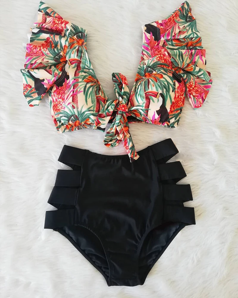 Floral Ruffled Hem Bikini Set Women V-Neck High-Waisted Two Piece Swimsuit 2022 Girl Beach Bathing Suit Swimwear Biquinis