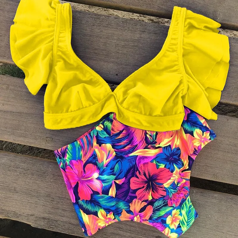 Floral Ruffled Hem Bikini Set Women V-Neck High-Waisted Two Piece Swimsuit 2022 Girl Beach Bathing Suit Swimwear Biquinis