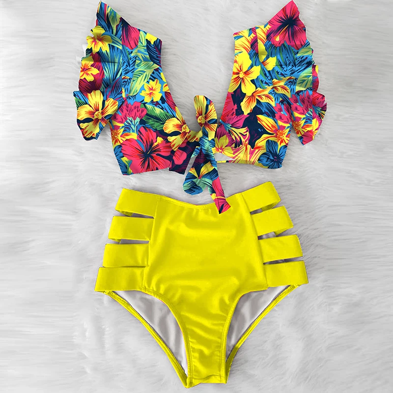 Floral Ruffled Hem Bikini Set Women V-Neck High-Waisted Two Piece Swimsuit 2022 Girl Beach Bathing Suit Swimwear Biquinis