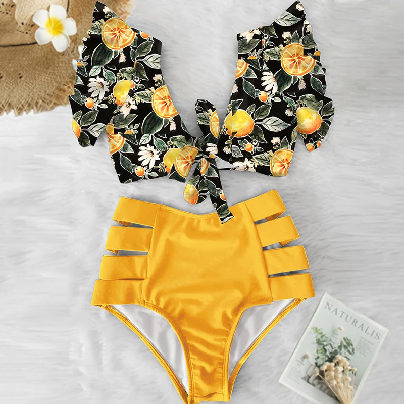 Floral Ruffled Hem Bikini Set Women V-Neck High-Waisted Two Piece Swimsuit 2022 Girl Beach Bathing Suit Swimwear Biquinis