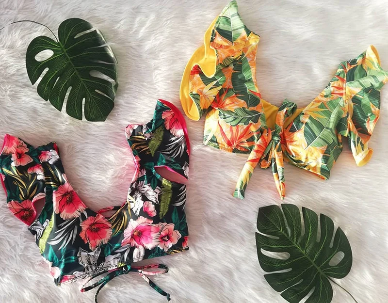 Floral Ruffled Hem Bikini Set Women V-Neck High-Waisted Two Piece Swimsuit 2022 Girl Beach Bathing Suit Swimwear Biquinis