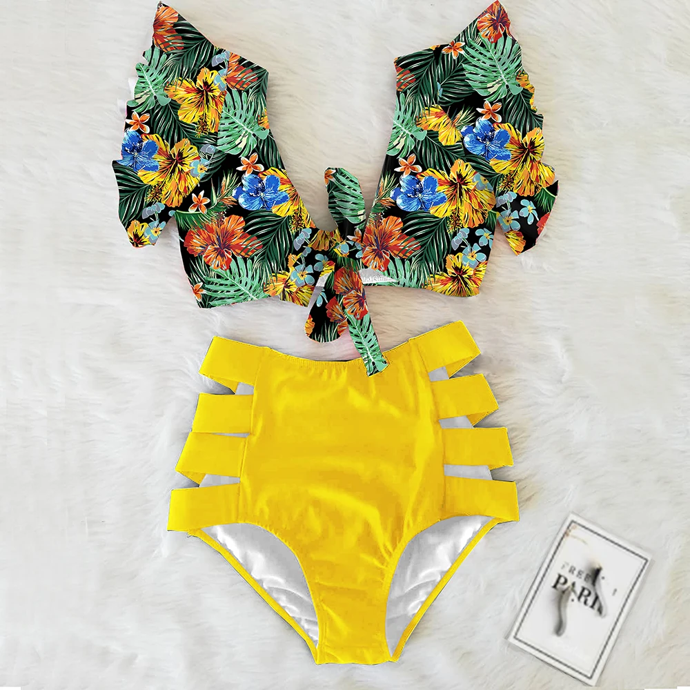 Floral Ruffled Hem Bikini Set Women V-Neck High-Waisted Two Piece Swimsuit 2022 Girl Beach Bathing Suit Swimwear Biquinis