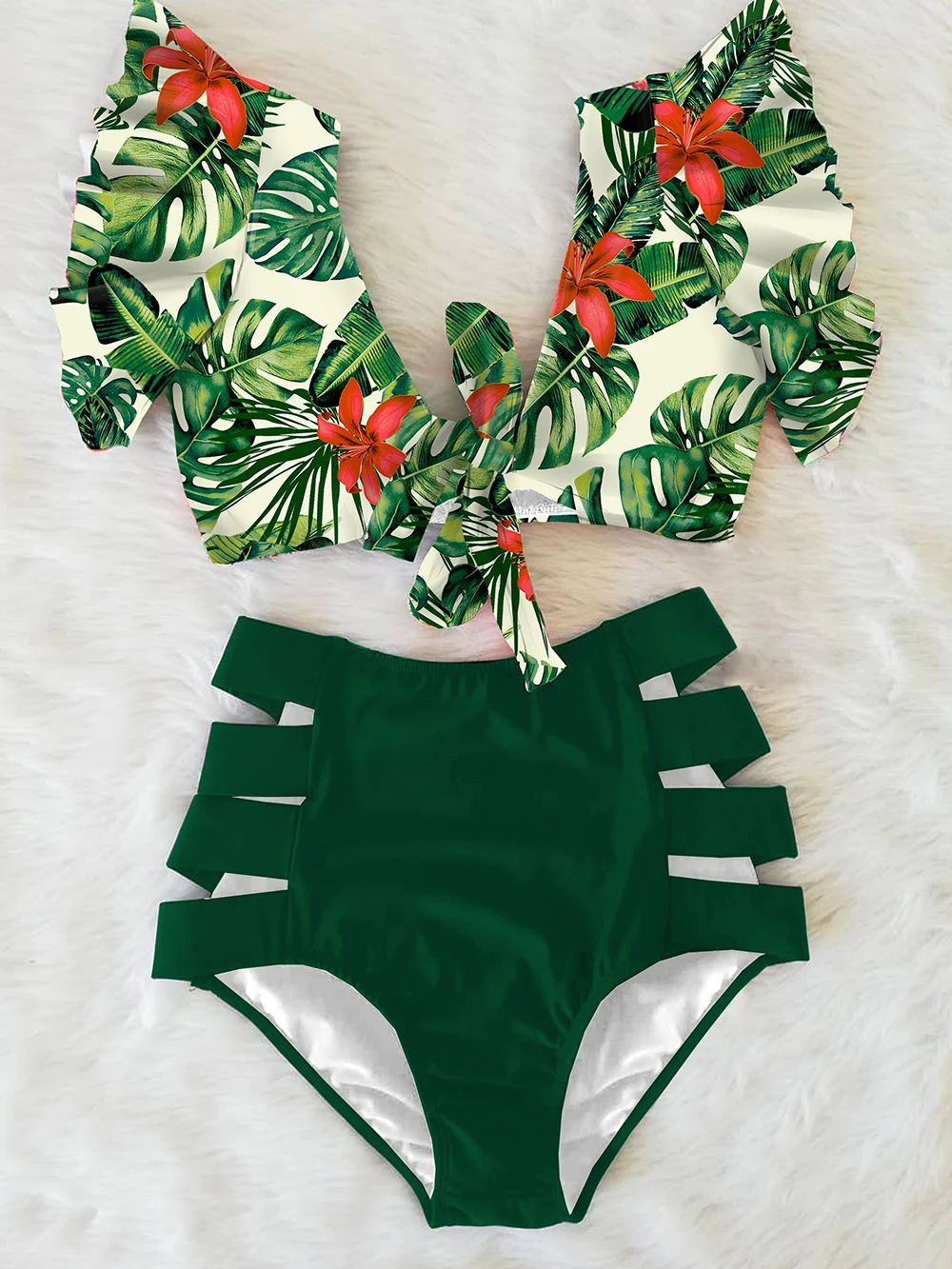 Floral Ruffled Hem Bikini Set Women V-Neck High-Waisted Two Piece Swimsuit 2022 Girl Beach Bathing Suit Swimwear Biquinis