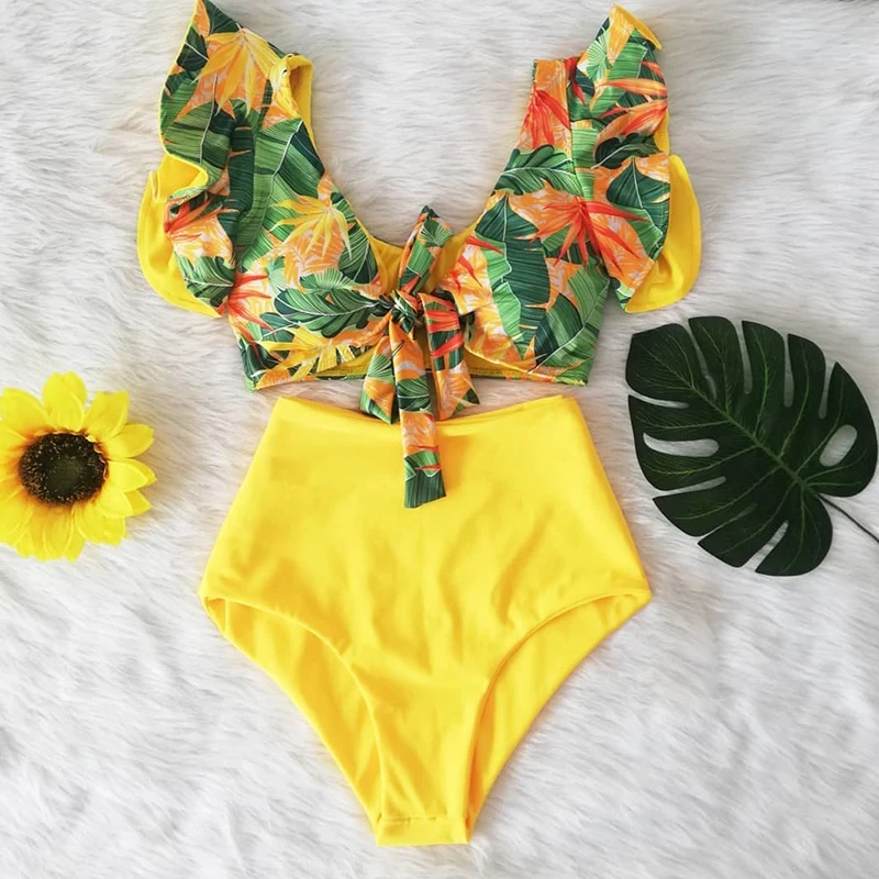 Floral Ruffled Hem Bikini Set Women V-Neck High-Waisted Two Piece Swimsuit 2022 Girl Beach Bathing Suit Swimwear Biquinis