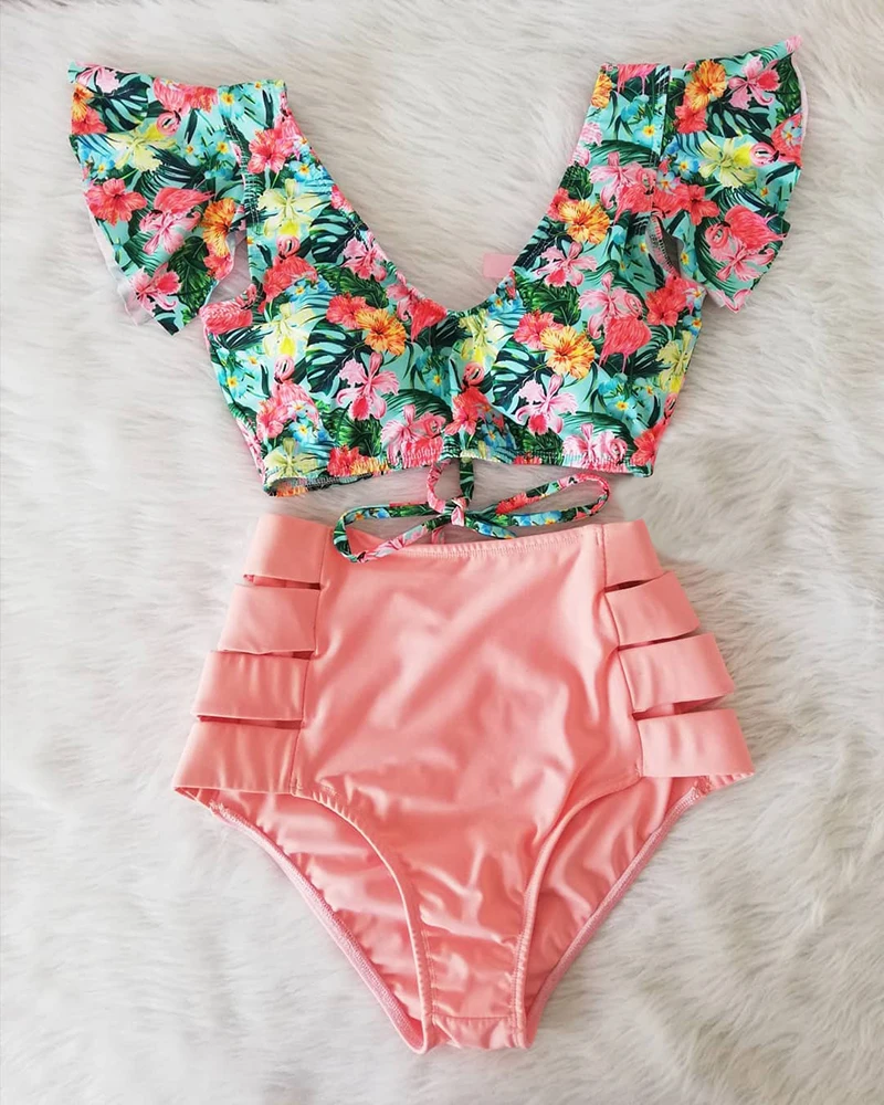 Floral Ruffled Hem Bikini Set Women V-Neck High-Waisted Two Piece Swimsuit 2022 Girl Beach Bathing Suit Swimwear Biquinis