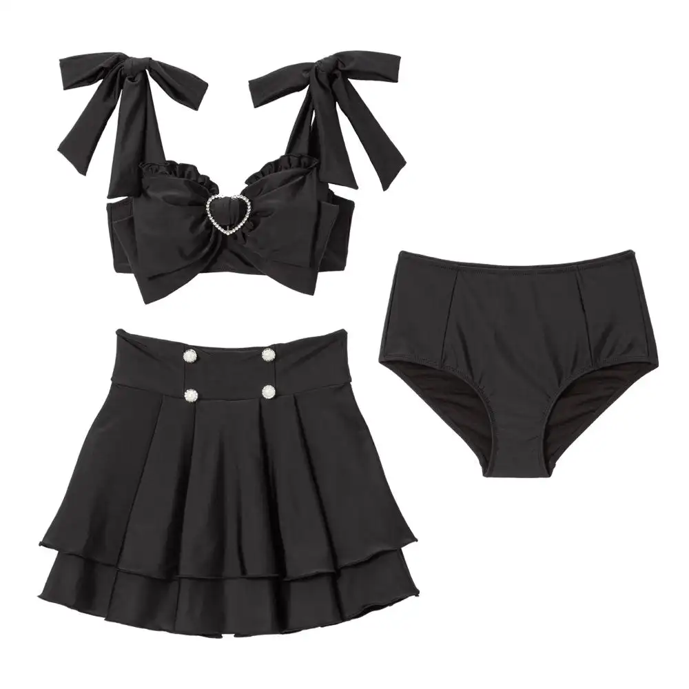 Summer New Japanese Sweet Swimsuit Big Bow Lace-up Pleated Split Slim Beach Swim Suit 3 Piece Set Swimwear