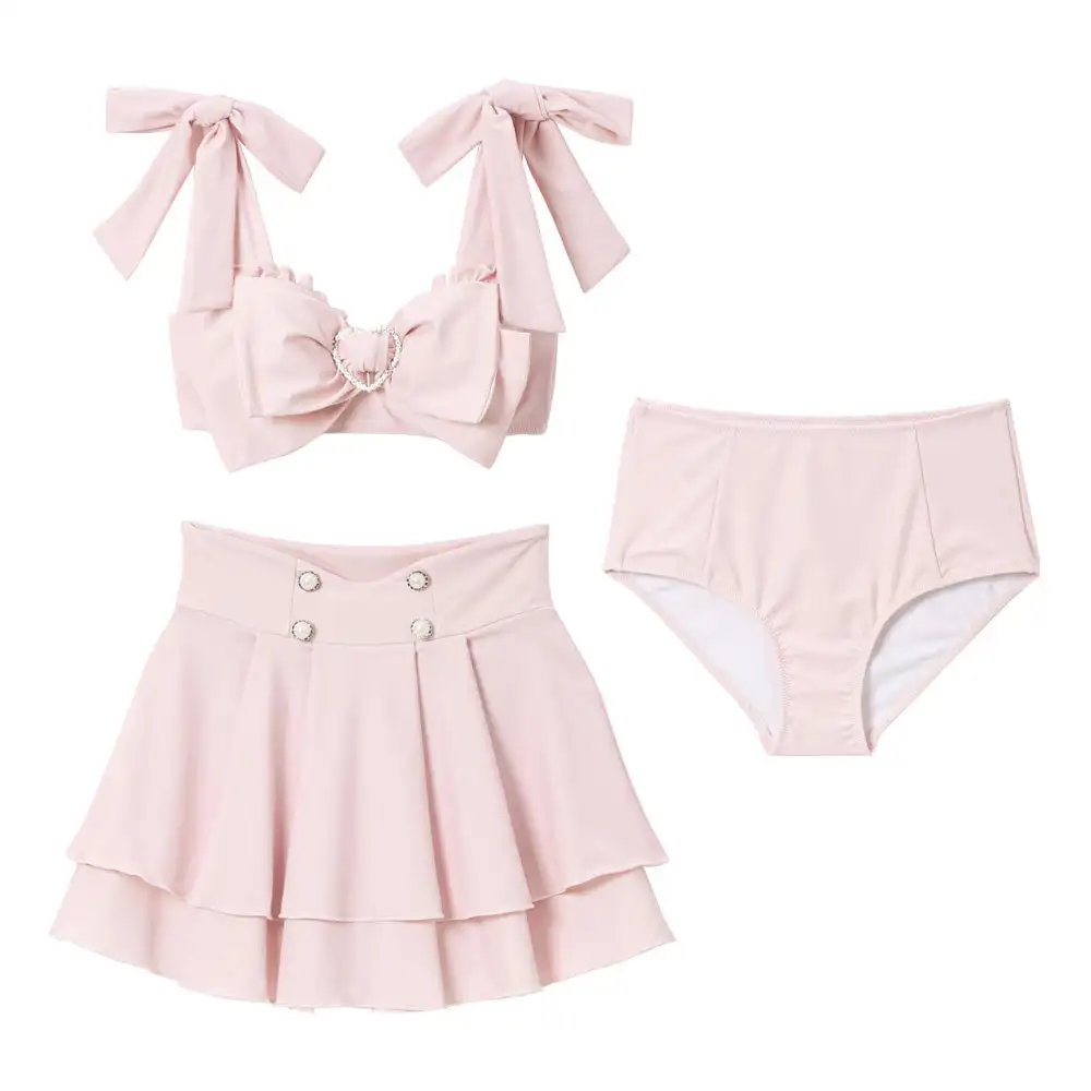 Summer New Japanese Sweet Swimsuit Big Bow Lace-up Pleated Split Slim Beach Swim Suit 3 Piece Set Swimwear