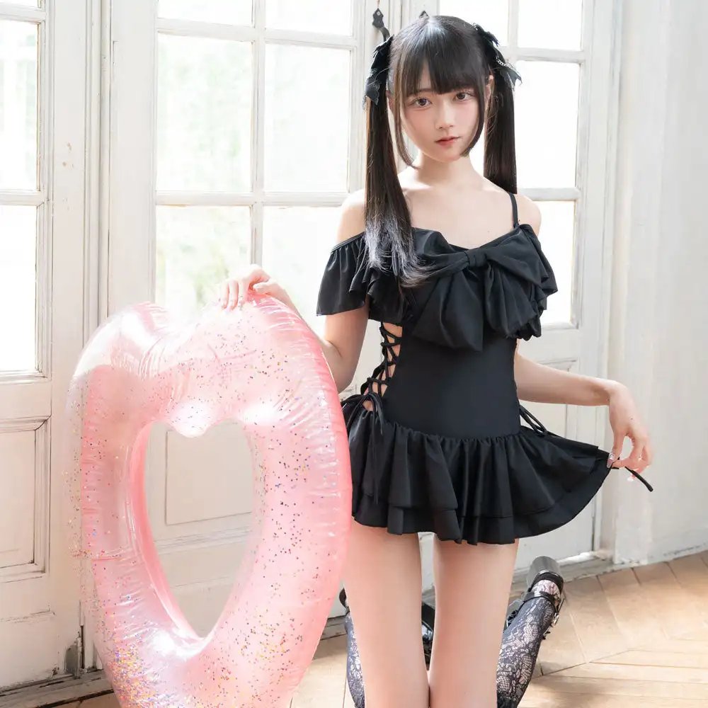 Japanese Sweet Swimsuit Solid Color Ruffle Edge Skirt Straps Slim Big Bow Fly Sleeve Lolita Girl's One-piece Swimwear Women