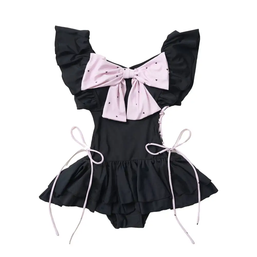 Japanese Sweet Swimsuit Solid Color Ruffle Edge Skirt Straps Slim Big Bow Fly Sleeve Lolita Girl's One-piece Swimwear Women