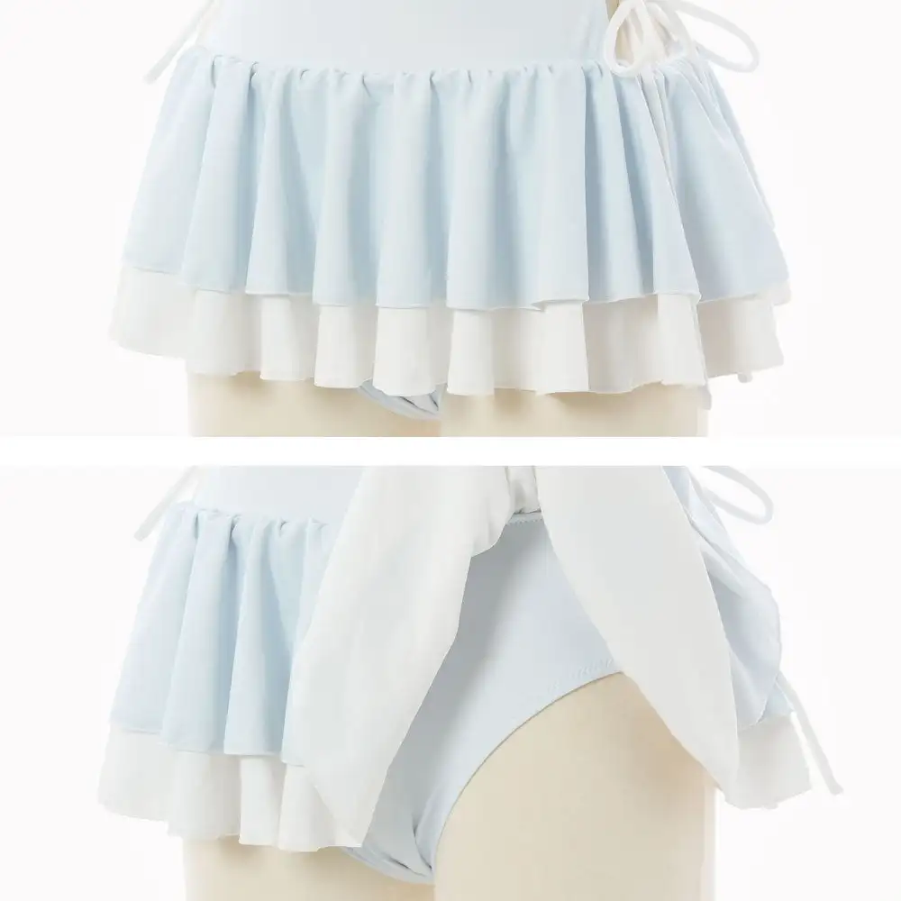 Japanese Sweet Swimsuit Solid Color Ruffle Edge Skirt Straps Slim Big Bow Fly Sleeve Lolita Girl's One-piece Swimwear Women