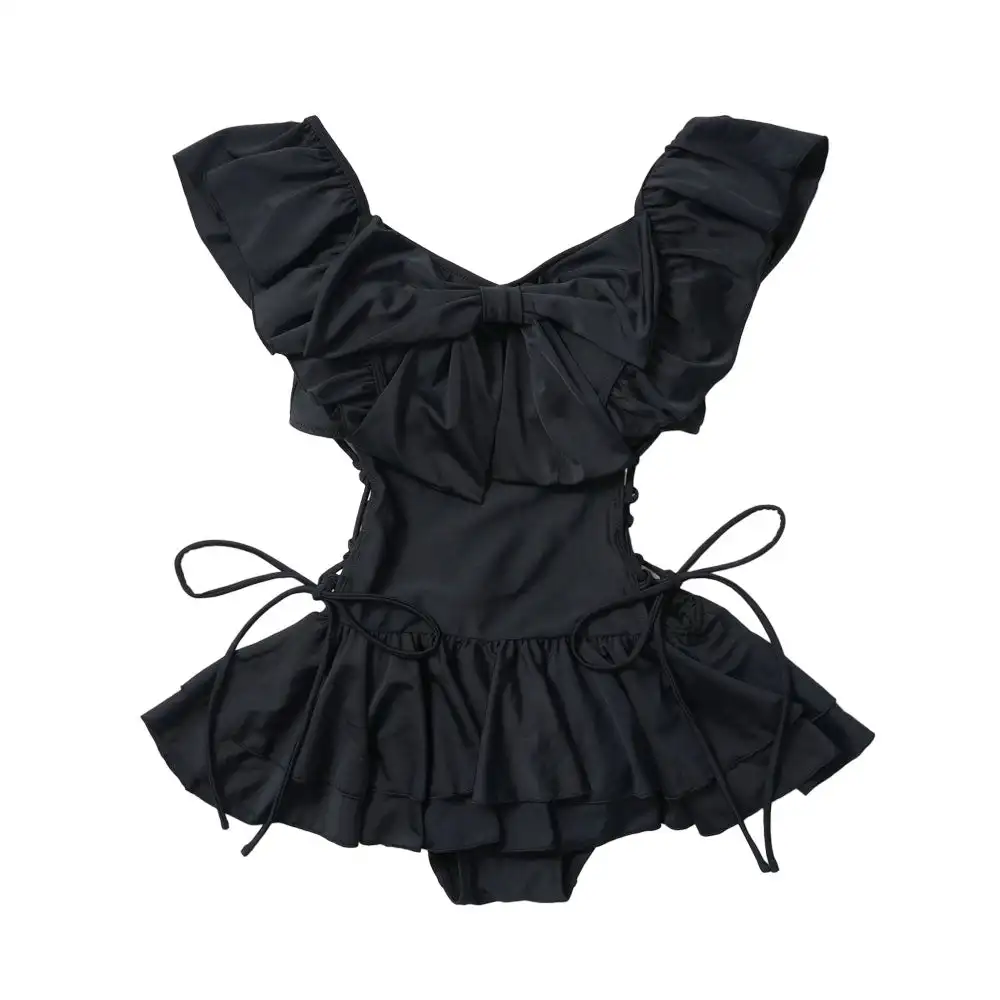 Japanese Sweet Swimsuit Solid Color Ruffle Edge Skirt Straps Slim Big Bow Fly Sleeve Lolita Girl's One-piece Swimwear Women