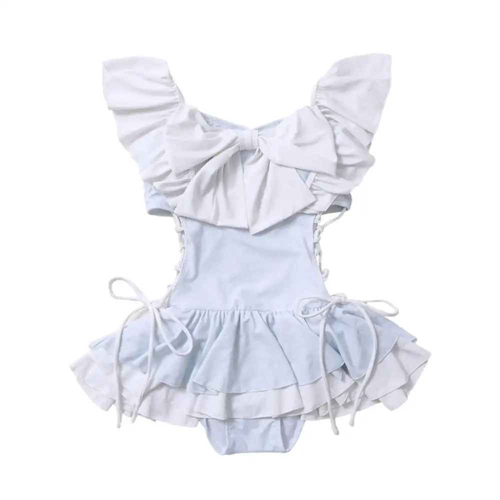 Japanese Sweet Swimsuit Solid Color Ruffle Edge Skirt Straps Slim Big Bow Fly Sleeve Lolita Girl's One-piece Swimwear Women