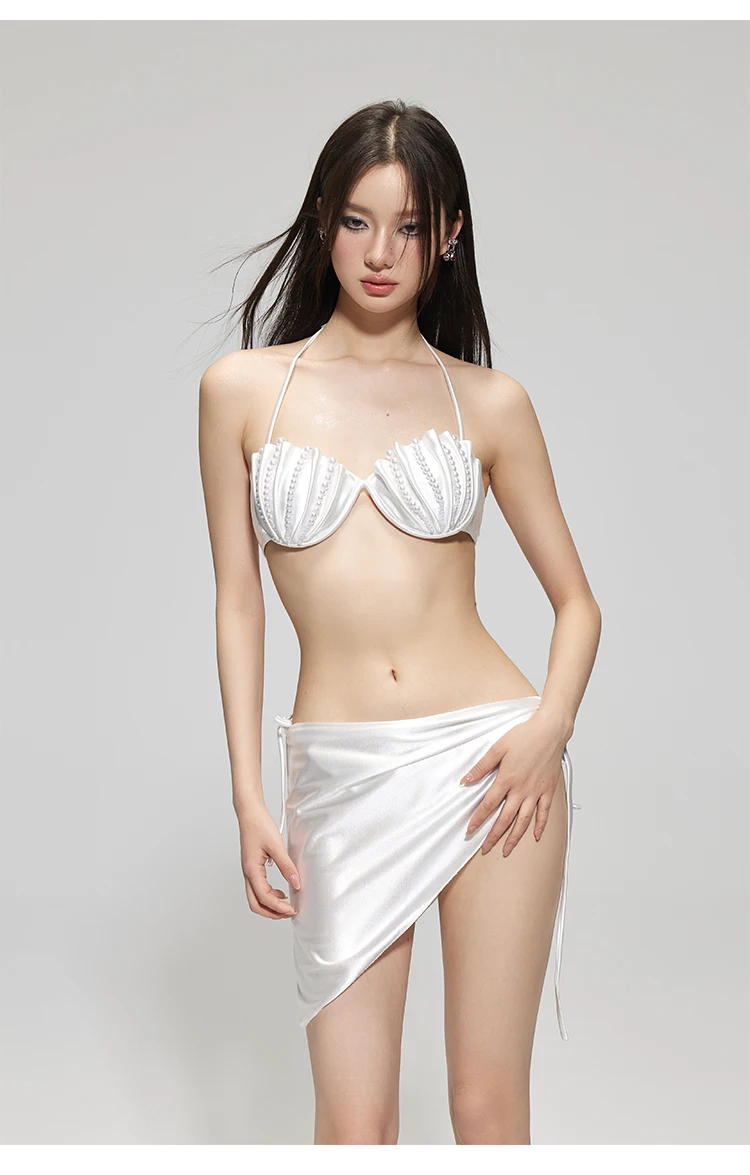 Thai Sweet Girl High-Grade Pearl Shell Cup Slim Vacuum Hot Spring Bikini Swim Suit Three-Piece Suit Sexy Swimwear Bikini 3pcs