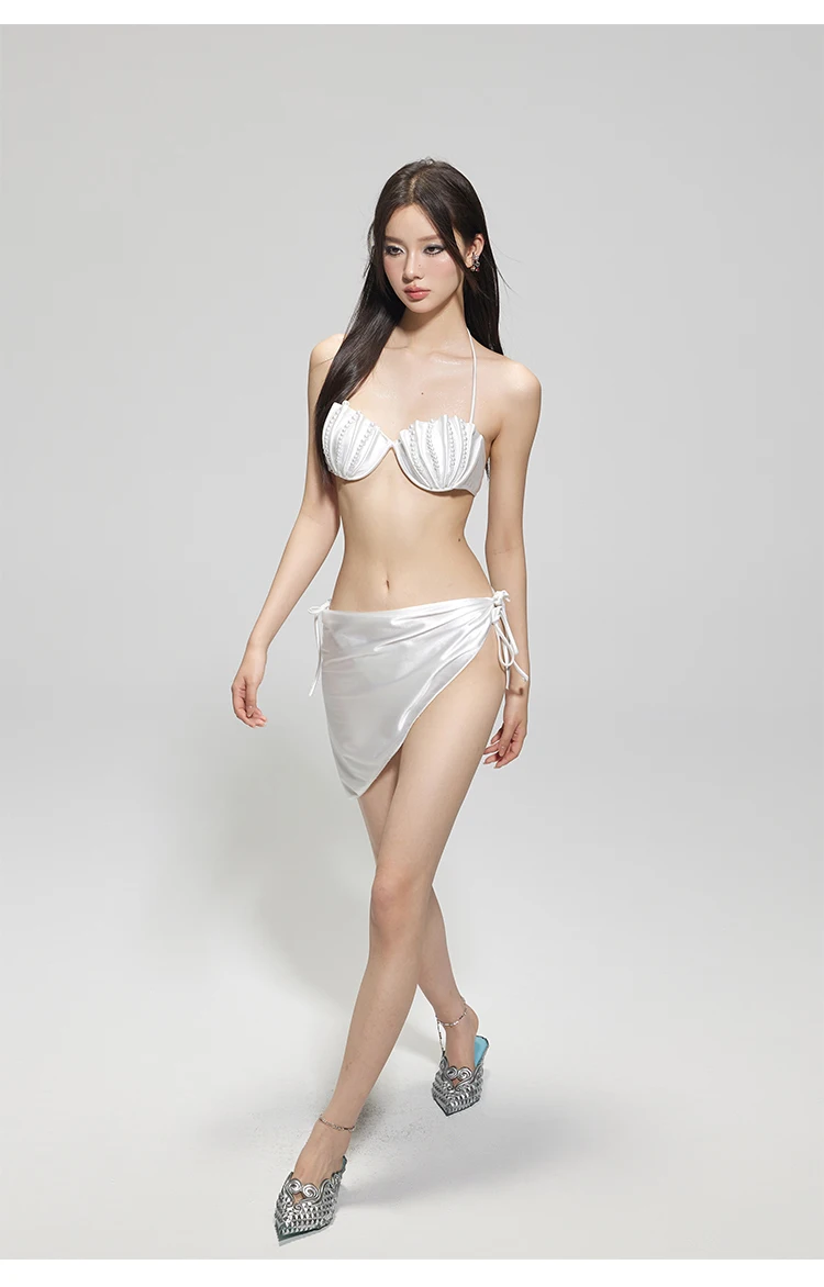 Thai Sweet Girl High-Grade Pearl Shell Cup Slim Vacuum Hot Spring Bikini Swim Suit Three-Piece Suit Sexy Swimwear Bikini 3pcs