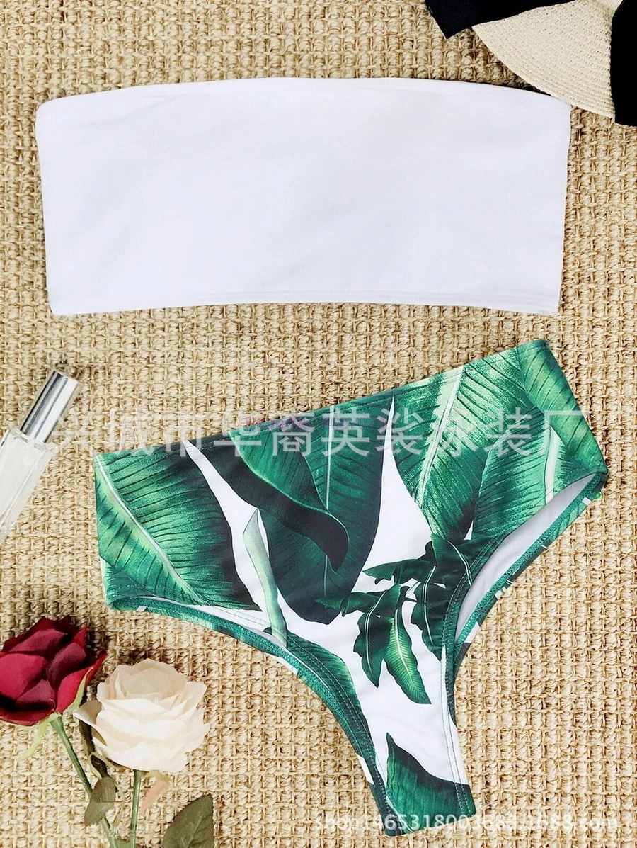 by dhl 100pcs new Women Strapless Palm Leaf Print High Cut Bikini Set Bandeau Swimwear Push Up Padded Swimsuit Bathing Suit