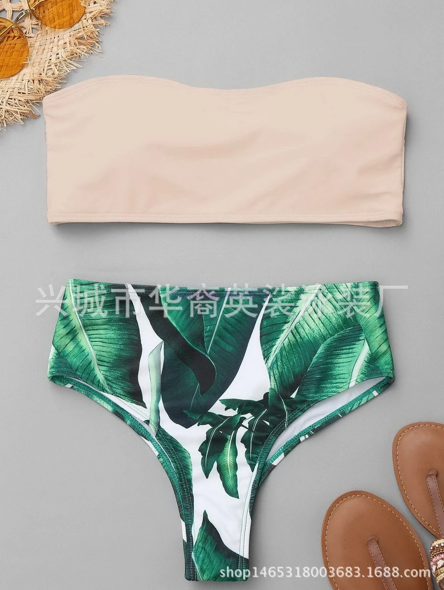 by dhl 100pcs new Women Strapless Palm Leaf Print High Cut Bikini Set Bandeau Swimwear Push Up Padded Swimsuit Bathing Suit