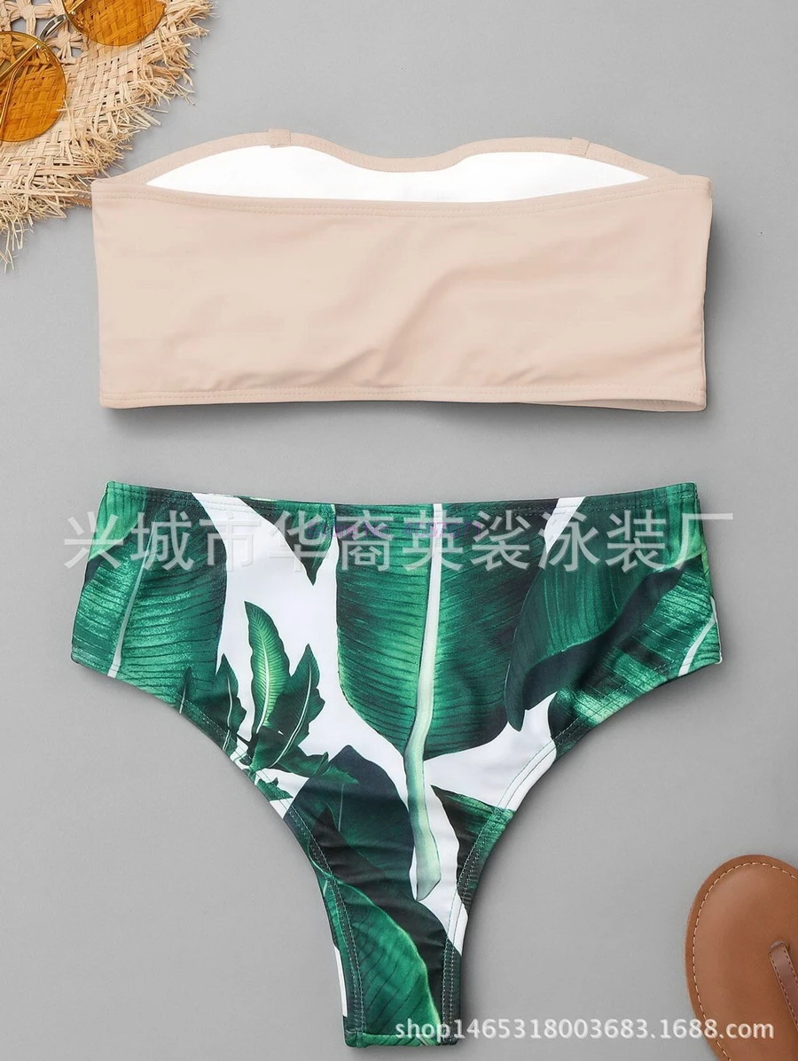 by dhl 100pcs new Women Strapless Palm Leaf Print High Cut Bikini Set Bandeau Swimwear Push Up Padded Swimsuit Bathing Suit