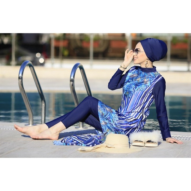 Women Muslim Swimwears Long Sleeves Sport swimming Togs Printed Stretch Full Cover Hijab 4pcs lslamic Burkinis Wear Bathing Suit