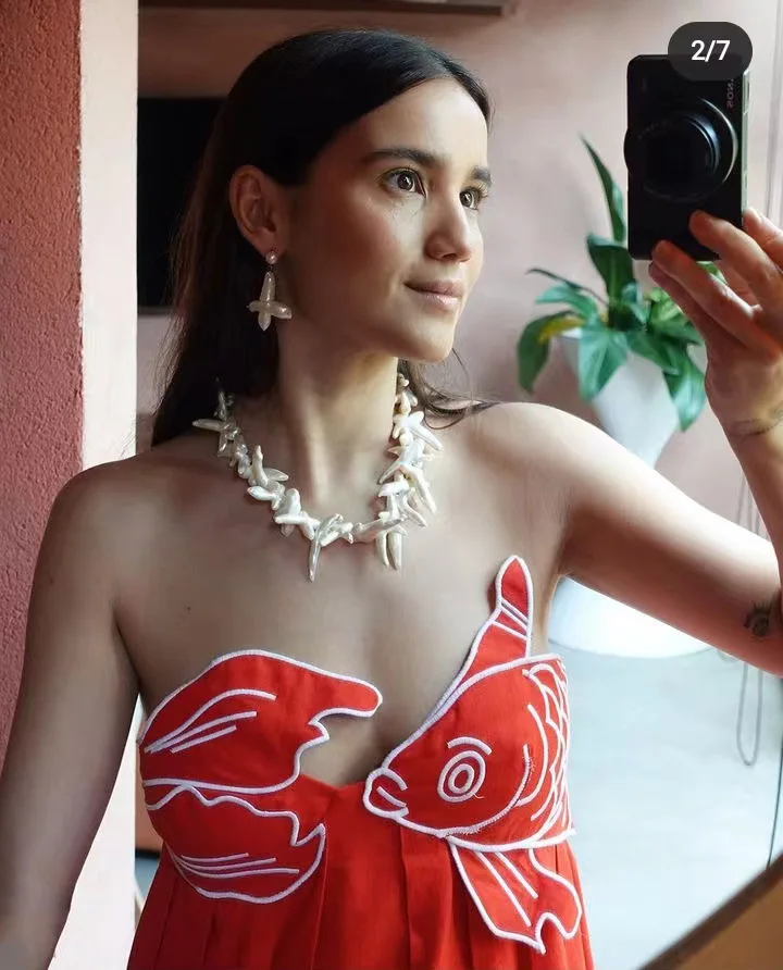 Melphieer Fish-shaped 3D Embroidered Tube Top Red Beach Dress Fashion Long Beach Cover up Woman Swimwear Bikini Beachwear Outfit