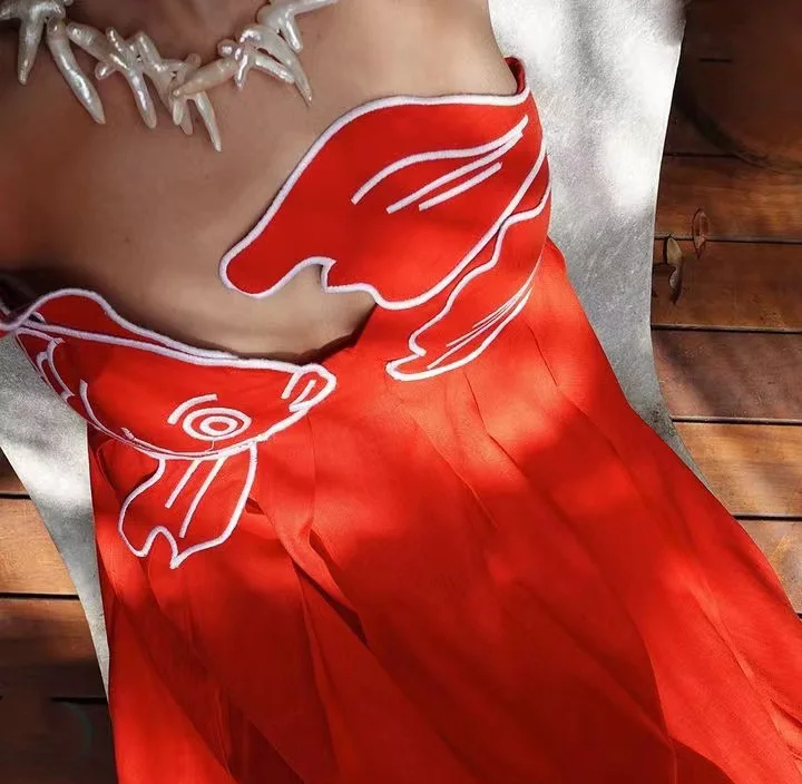 Melphieer Fish-shaped 3D Embroidered Tube Top Red Beach Dress Fashion Long Beach Cover up Woman Swimwear Bikini Beachwear Outfit