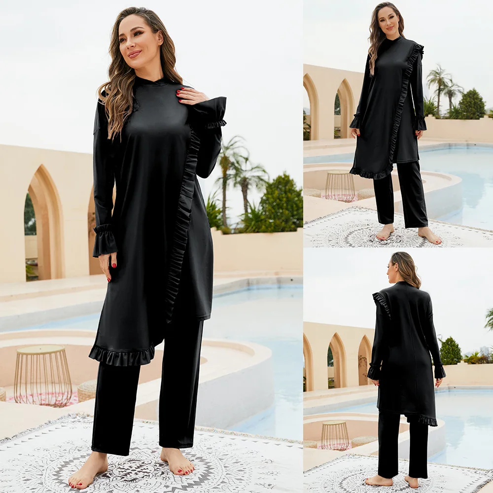 3PCS Muslim Islamic Long Sleeve Swimming Suit Modest Swimwear Women Swimsuit Full Cover Burkini Ruffles Bathing Beachwear Set