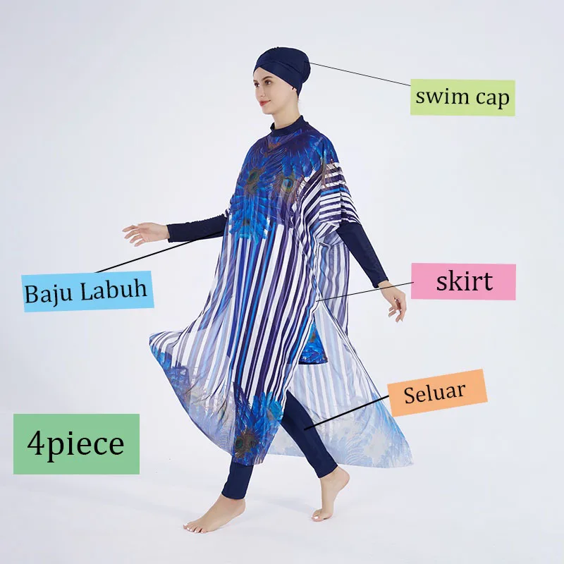 4 Pcs Women's Muslim Swimwear Digital Printed Lslamic Clothes Hijab Long Sleeves Sport Swimsuit Burkinis Wear Bathing Suit 4XL