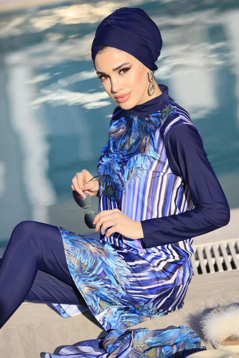 4 Pcs Women's Muslim Swimwear Digital Printed Lslamic Clothes Hijab Long Sleeves Sport Swimsuit Burkinis Wear Bathing Suit 4XL