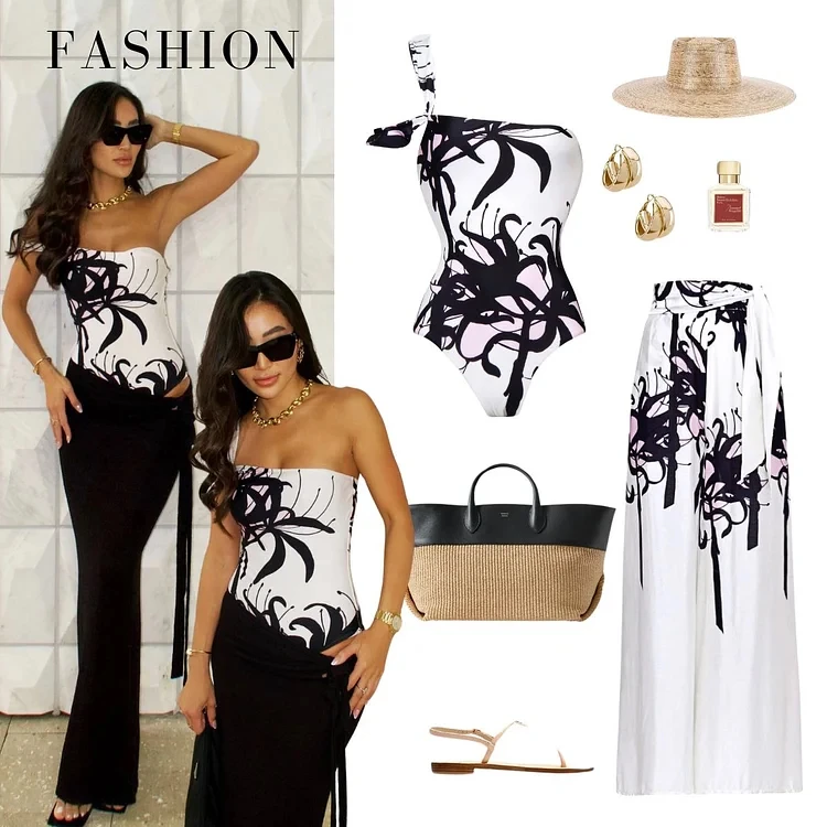 2024 Women One Shoulder Black and White Blossom Print One Piece Swimsuit and Pants Swimwear Summer  Bikini Bathing Suit 2 pc