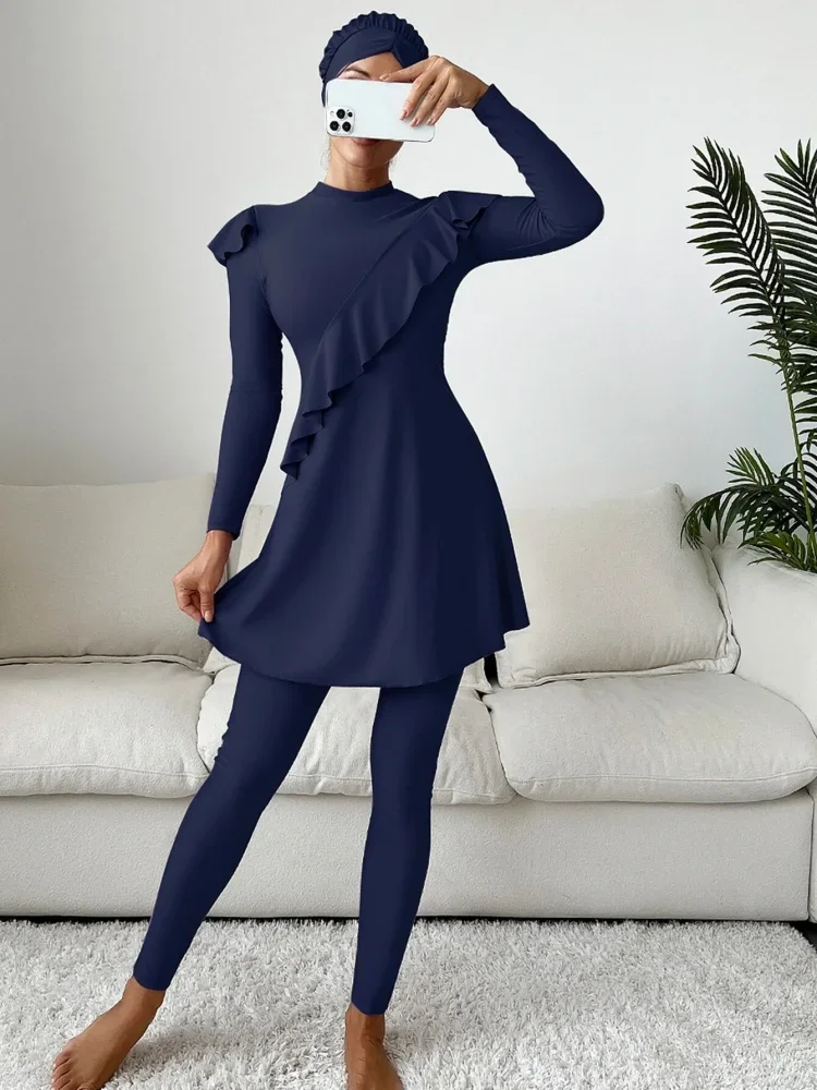 3PCS/Set Burkini Femmes Muslim Swimwear Women Modest Patchwork Hijab Long Sleeve Sport Swimsuit