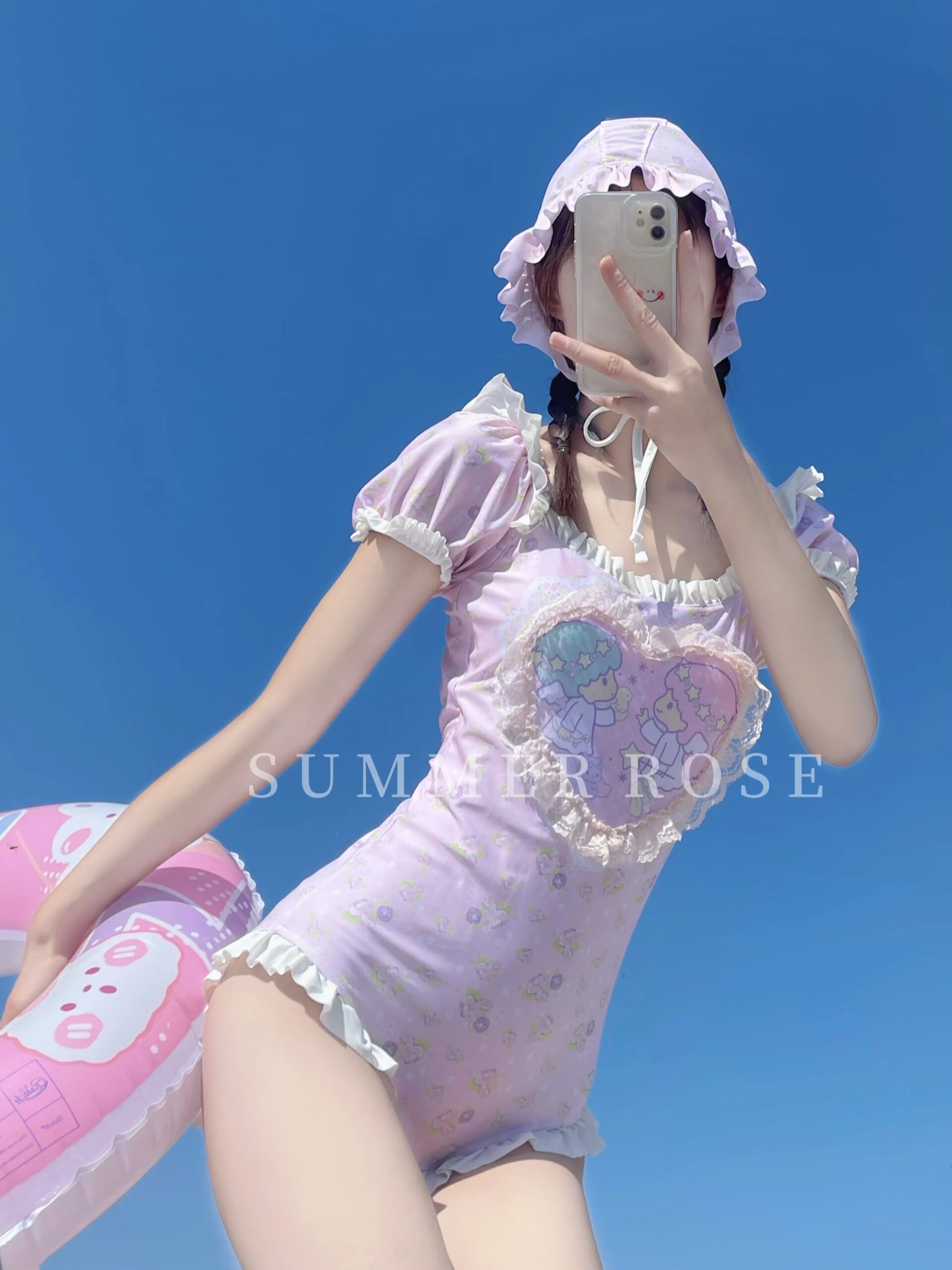 Girly Sweet Harajuku Ruffles Print Kawaii Student One-Piece Swimsuit Women Swimwear Two-Piece Sets Summer Y2k Bathing Cap 2024