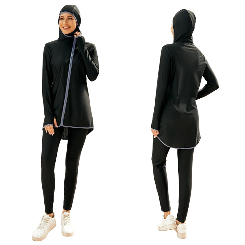 Burkinis 2PCS Muslim Women Zipper Swimsuit Hooded Tops Pants Set Islamic Swimwear Conservative Sun Protection Sports Beachwear