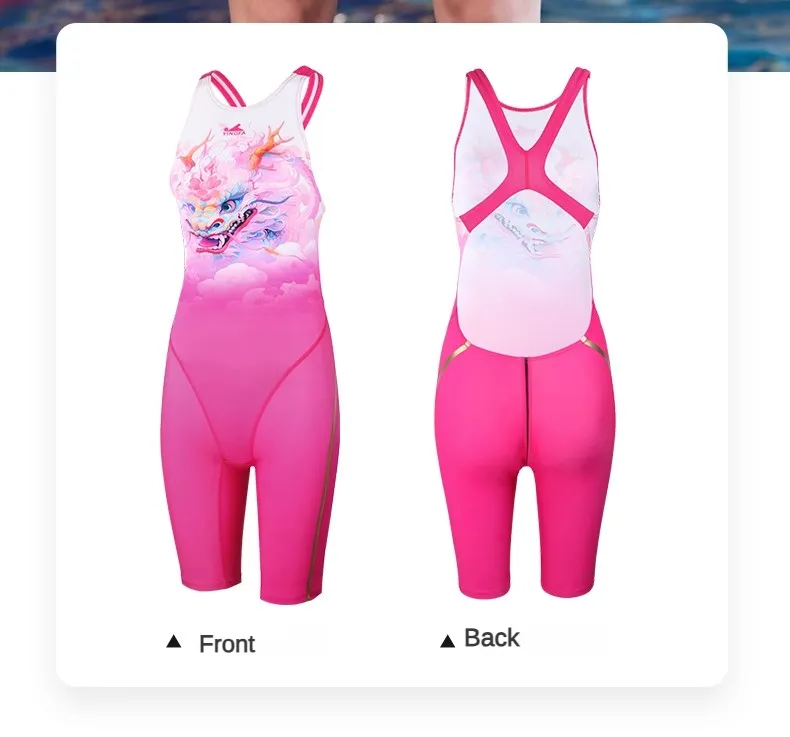 YINGFA Women's Professional Racing Swimsuit Juniorteenage Girl Fastskin Kneesuit Chlorine Resistant Fabric Pink Sporty Swimwear