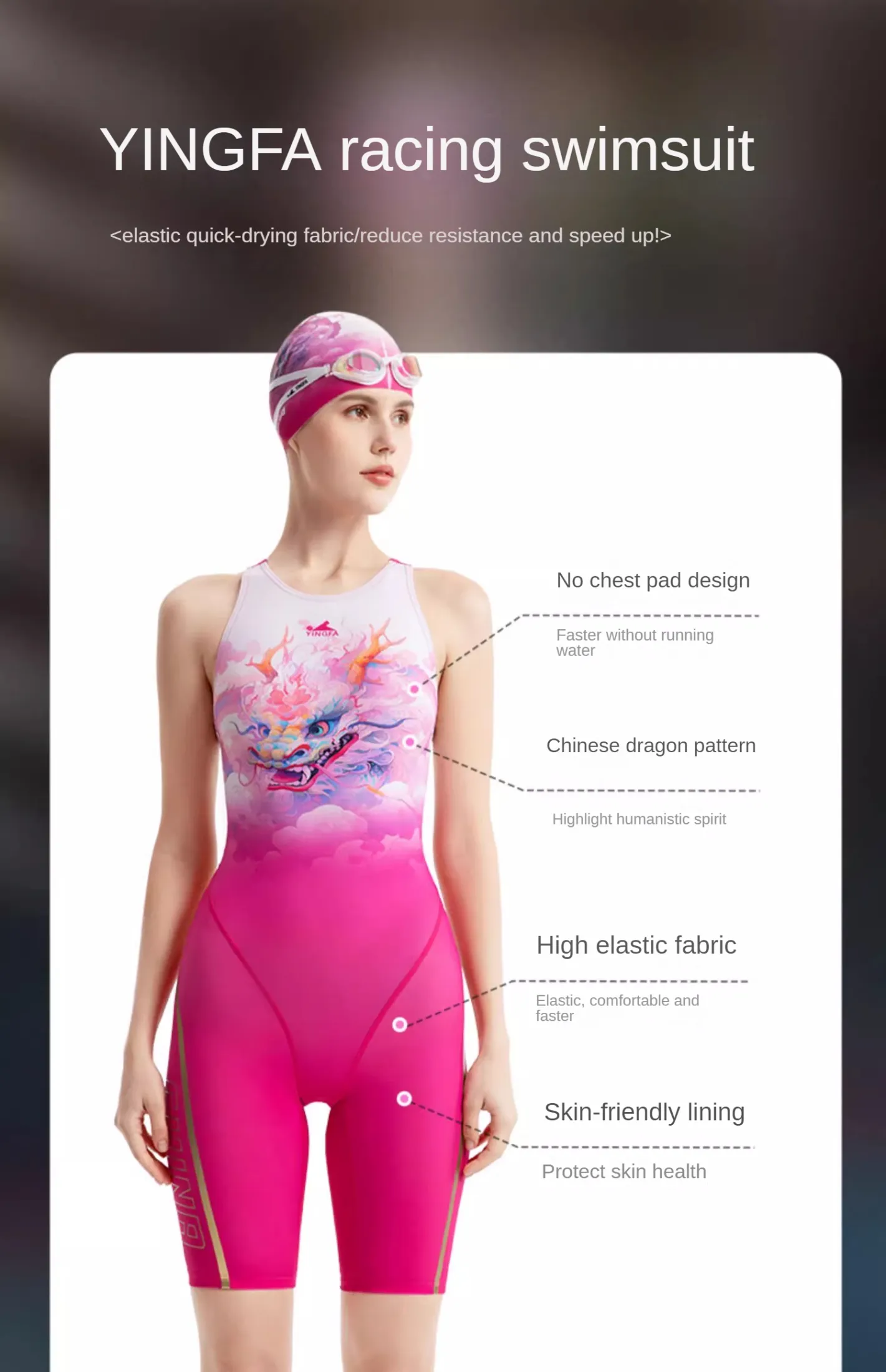 YINGFA Women's Professional Racing Swimsuit Juniorteenage Girl Fastskin Kneesuit Chlorine Resistant Fabric Pink Sporty Swimwear