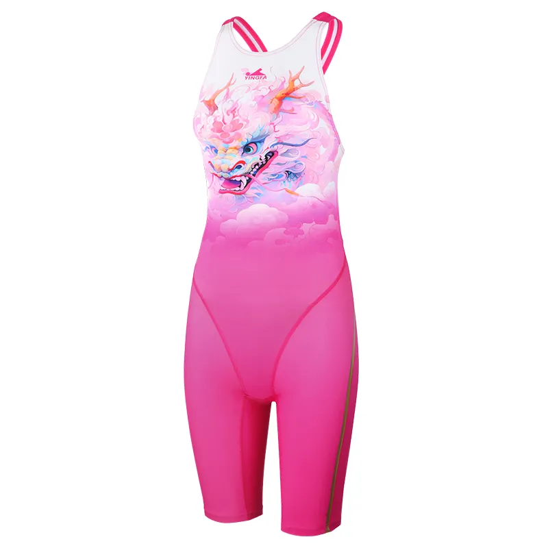 YINGFA Women's Professional Racing Swimsuit Juniorteenage Girl Fastskin Kneesuit Chlorine Resistant Fabric Pink Sporty Swimwear