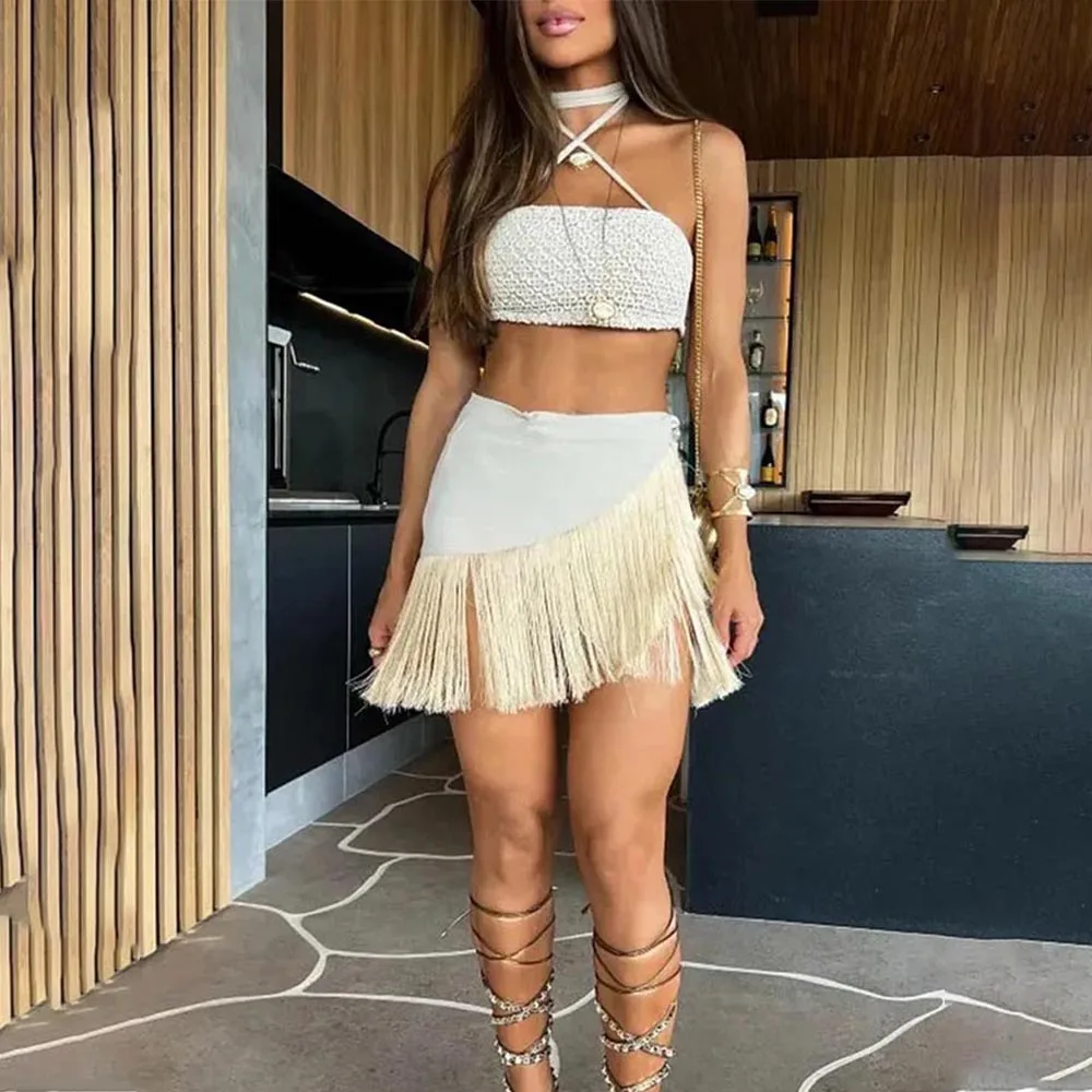 Backless Bandeau Top and Tassels Skirt Sleeveless Hanging Neck Swimsuit 2024 Summer Holiday Beach Party Swimwear Women Dresses