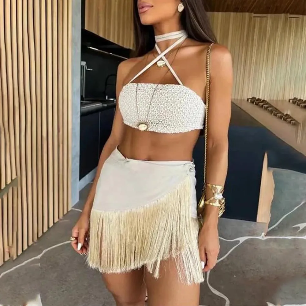 Backless Bandeau Top and Tassels Skirt Sleeveless Hanging Neck Swimsuit 2024 Summer Holiday Beach Party Swimwear Women Dresses