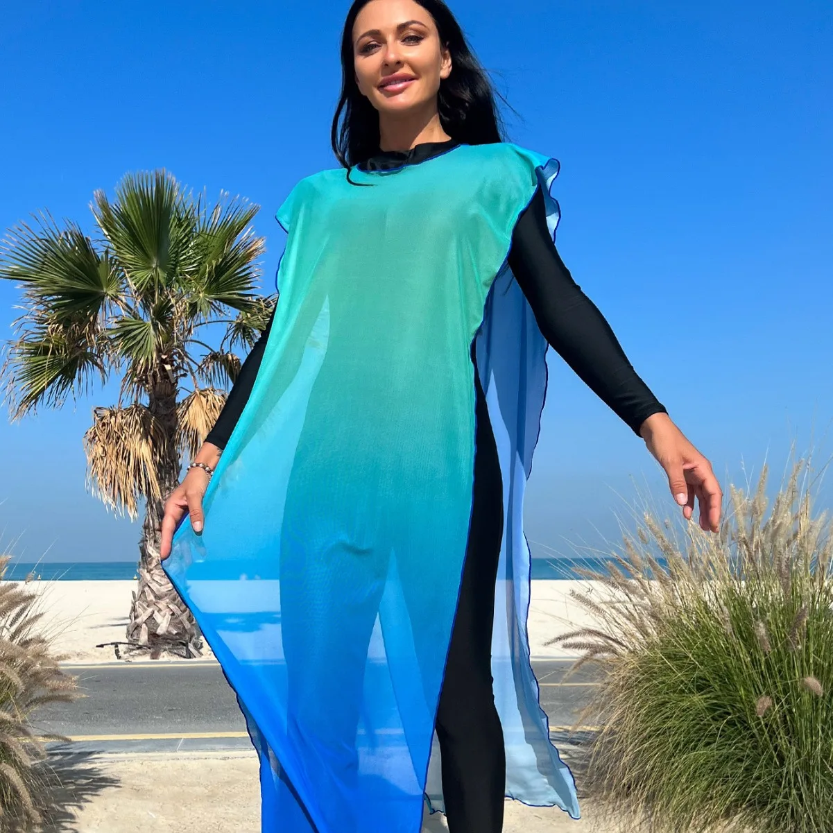 Burkini Muslim Women's Swimwear, Black Swimsuit, Gradient Blue, Smock Summer Beach Wear, Diving Suit, Surf Wear, New