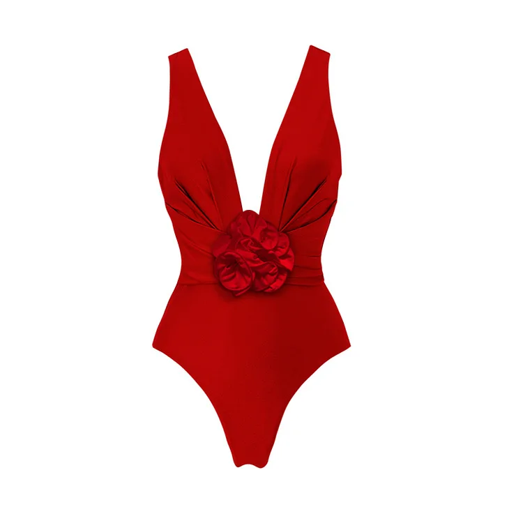 Solid Color 3D Large Red One Piece Women's Swimsuit 2024 Sexy Deep V-neck Bathing Suit Fashion Backless Feminine Bikini Swimwear