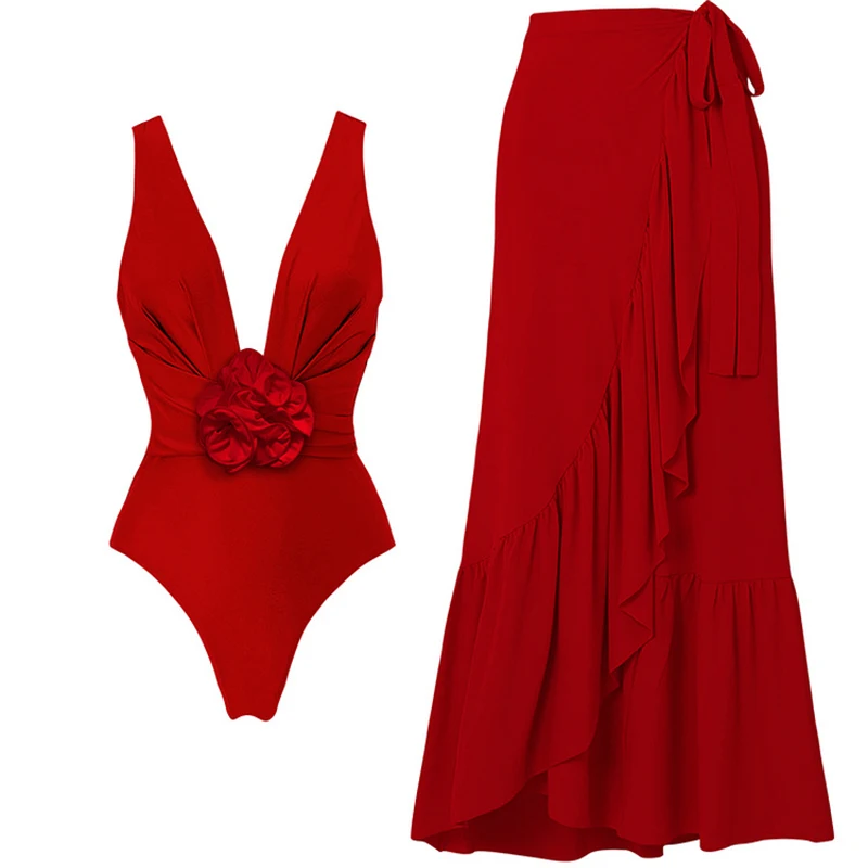 Solid Color 3D Large Red One Piece Women's Swimsuit 2024 Sexy Deep V-neck Bathing Suit Fashion Backless Feminine Bikini Swimwear