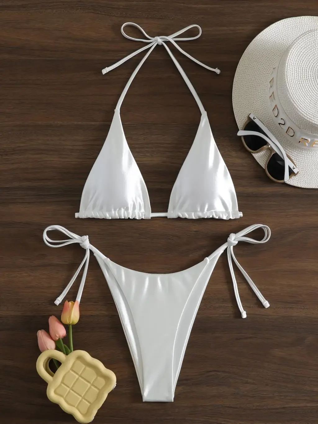 2024 White String Bikini Triangle Swimsuit Women Halter Swimwear Female Bathers Bathing Swimming Swim Suit Beachwear