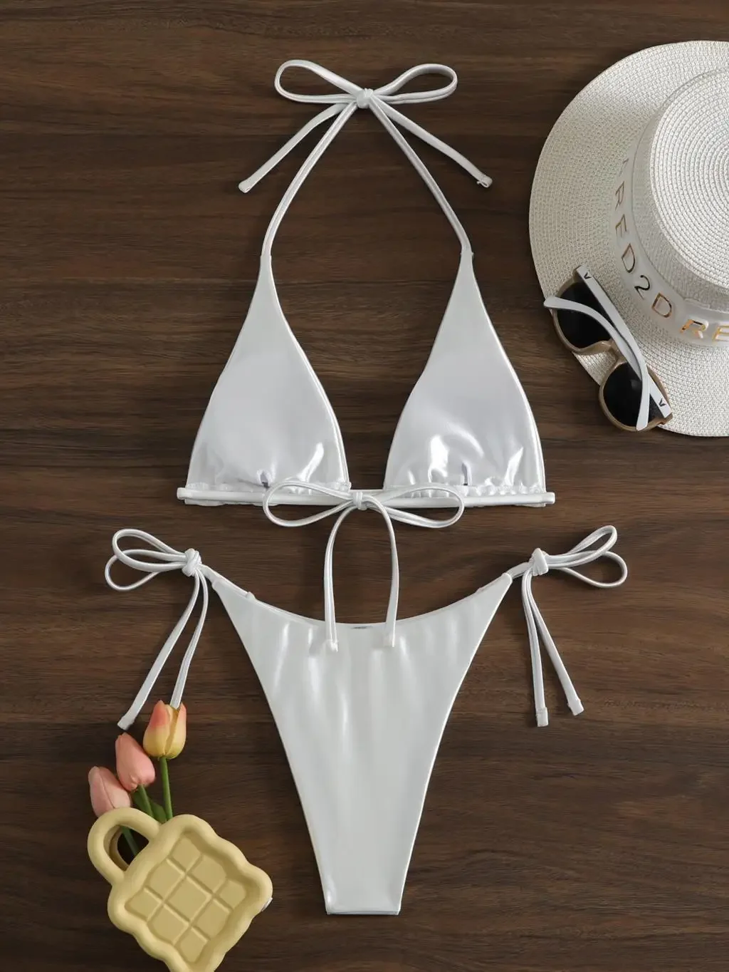 2024 White String Bikini Triangle Swimsuit Women Halter Swimwear Female Bathers Bathing Swimming Swim Suit Beachwear