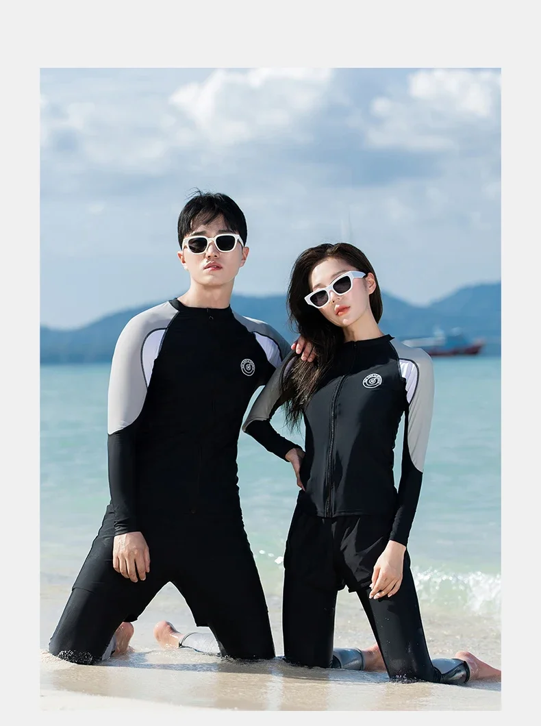 2024 New Korean Long Sleeve Rash Guards Couples Multi Pieces Swimsuit Patchwork Zipper Swimwear Bathing Suits Surfing Long Pant