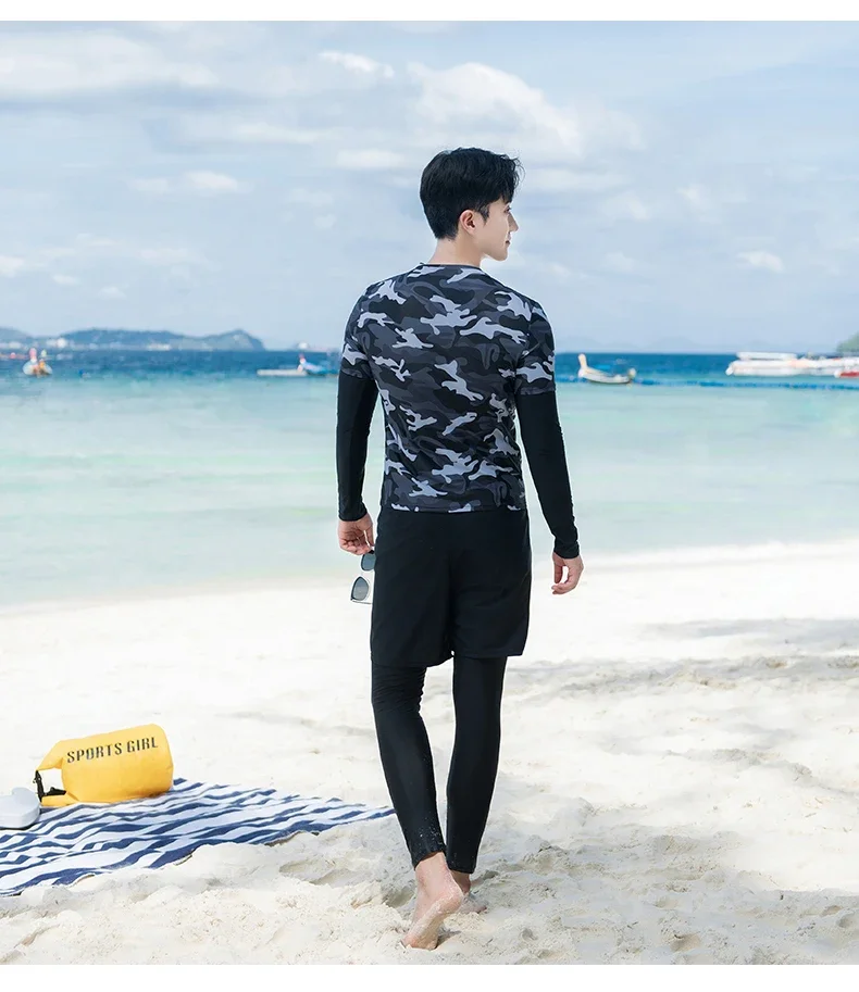 Two-Piece Long Sleeve Rash Guards Long Panty Swimsuit Couple Surfing Suit Camouflage Color Blocking Swimwear Diving Suit Bathing