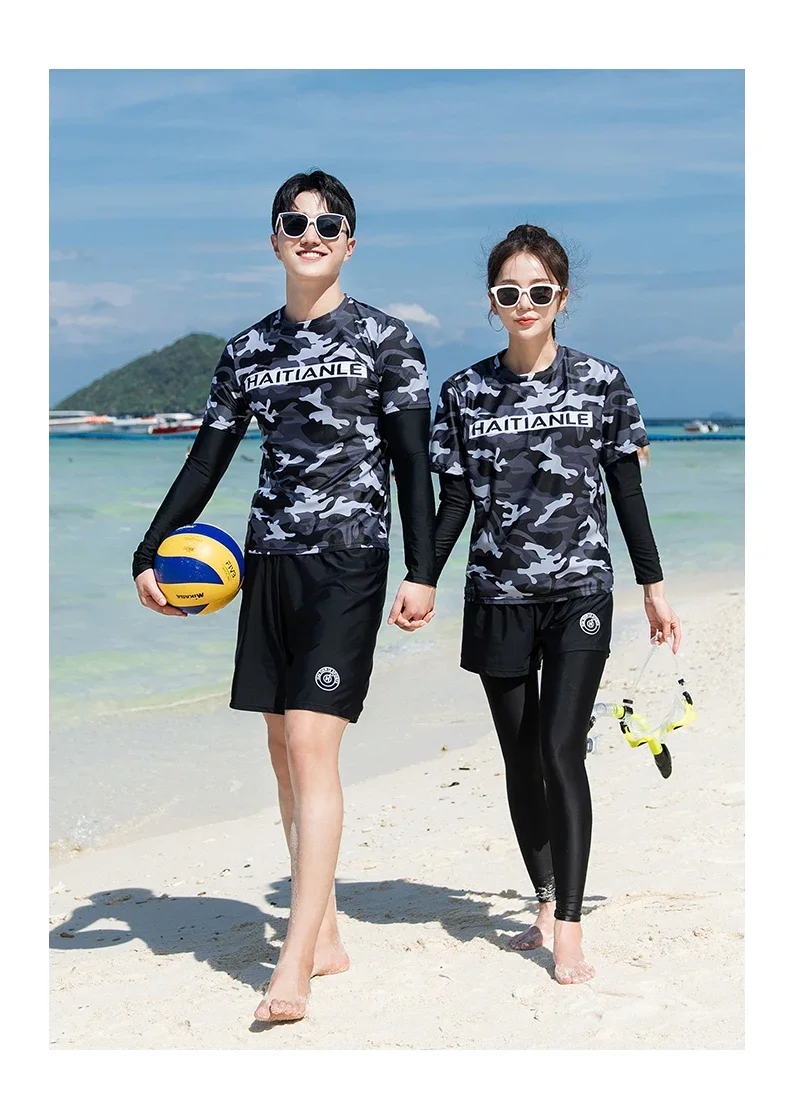 Two-Piece Long Sleeve Rash Guards Long Panty Swimsuit Couple Surfing Suit Camouflage Color Blocking Swimwear Diving Suit Bathing