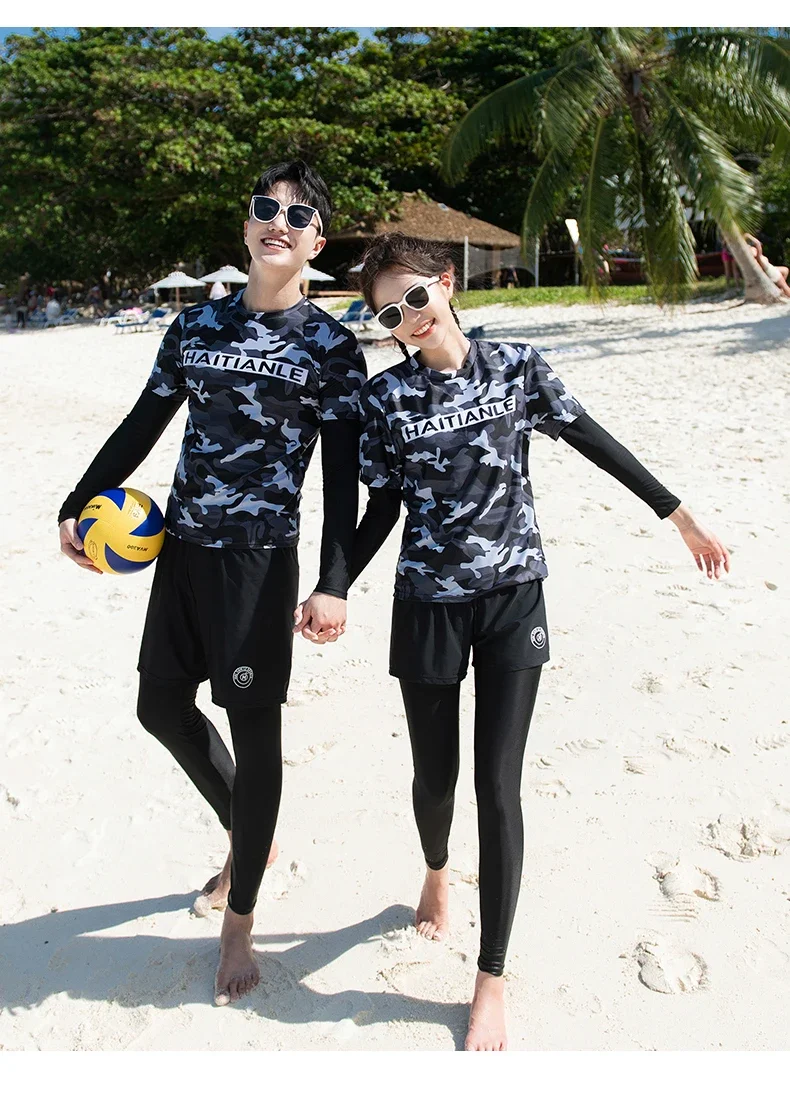 Two-Piece Long Sleeve Rash Guards Long Panty Swimsuit Couple Surfing Suit Camouflage Color Blocking Swimwear Diving Suit Bathing