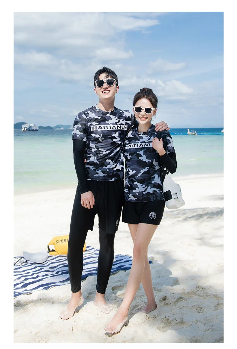 Two-Piece Long Sleeve Rash Guards Long Panty Swimsuit Couple Surfing Suit Camouflage Color Blocking Swimwear Diving Suit Bathing