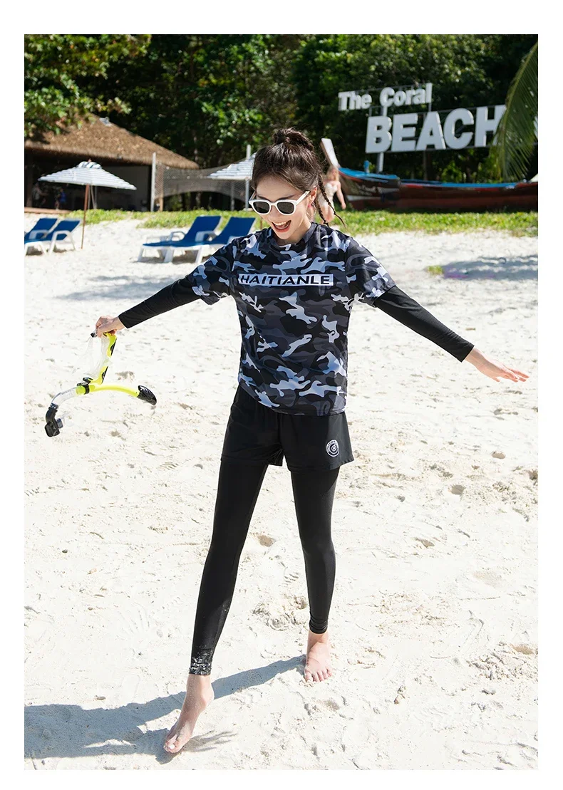 Two-Piece Long Sleeve Rash Guards Long Panty Swimsuit Couple Surfing Suit Camouflage Color Blocking Swimwear Diving Suit Bathing